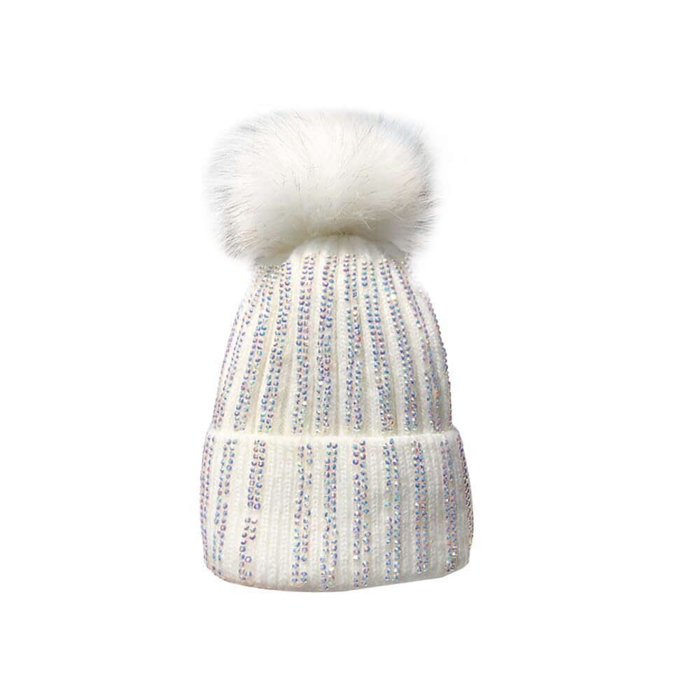 1842 Knitted Beanie Hat with Faux Fur Pompom, Winter Soft Warm Bling